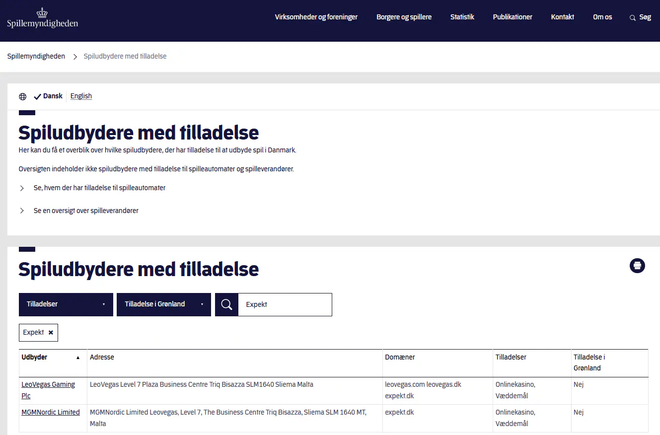 Aktuel officiel dokumentation for Expekts danske licens