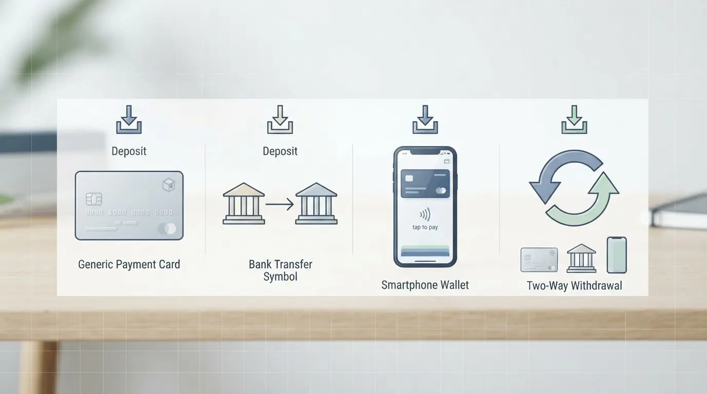 Illustration af kort, bankoverførsel, mobil wallet og udbetaling som betalingsvalg