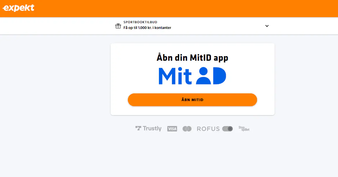 Expekts aktuelle registrerings- eller loginvisning med MitID